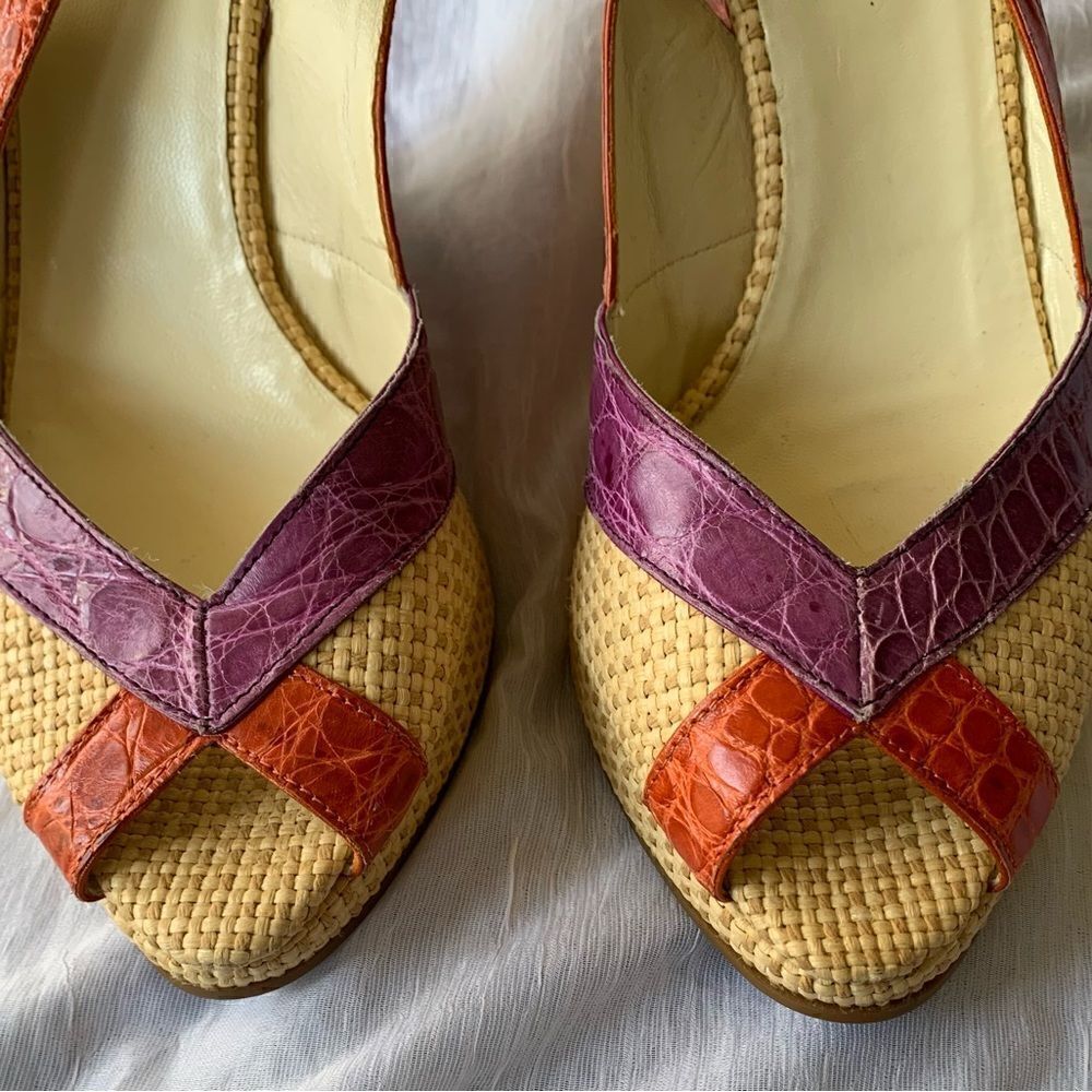 PRADA Slingback Rattan Leather Wedge Open Toe colorful Sandals Shoes sz 8.5-9 - Picture 4 of 10